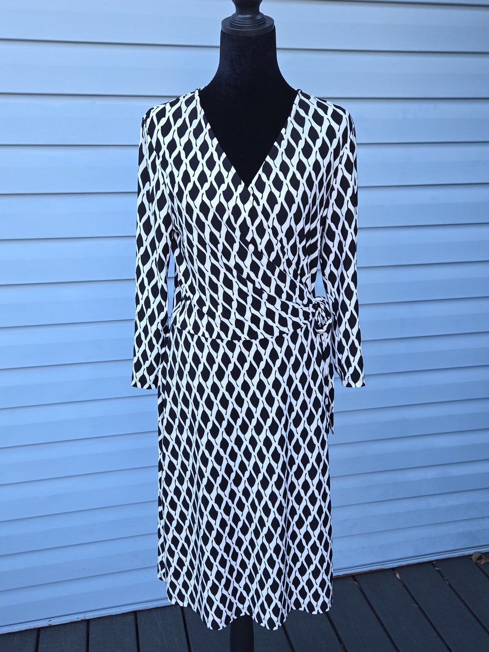 Lauren Ralph Lauren Womens 10 Black White Geometric Print Jersey Midi Wrap Dress